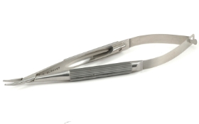 Troutman Needle Holder, Gently Curved, Medium 10mm Jaws, With Lock, Medium Round Handle, Longitudinal Serrated Grip, Dull Finish, Overall Length 4-3/4" (122mm) E3839 X,4496E,E3839 X